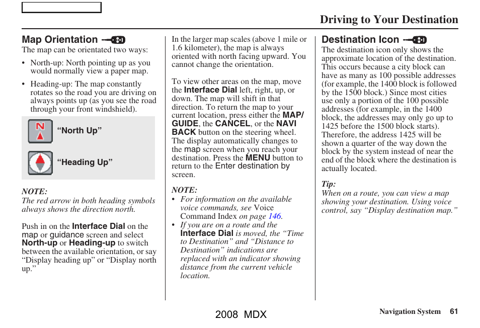 Driving to your destination, 2008 mdx | Acura 2008 MDX Navigation User Manual | Page 61 / 171