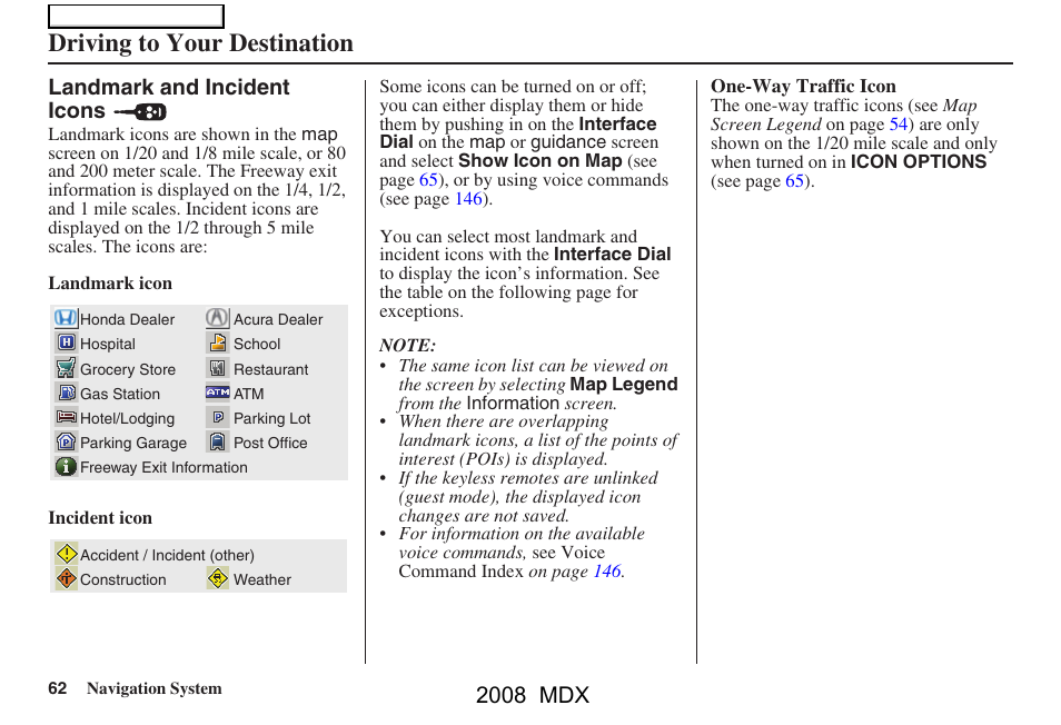 Driving to your destination, 2008 mdx, Landmark and incident icons | Acura 2008 MDX Navigation User Manual | Page 62 / 171