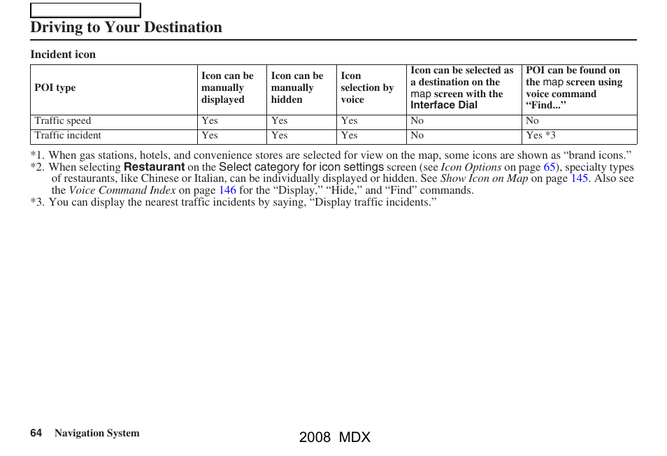 Driving to your destination, 2008 mdx | Acura 2008 MDX Navigation User Manual | Page 64 / 171