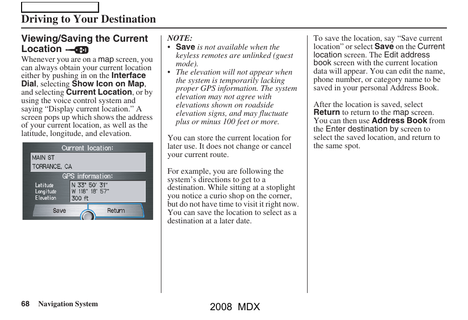 Driving to your destination, 2008 mdx | Acura 2008 MDX Navigation User Manual | Page 68 / 171