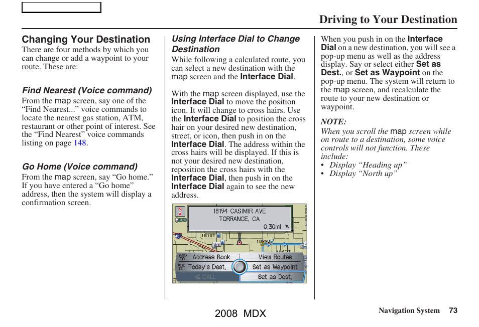 Driving to your destination | Acura 2008 MDX Navigation User Manual | Page 73 / 171