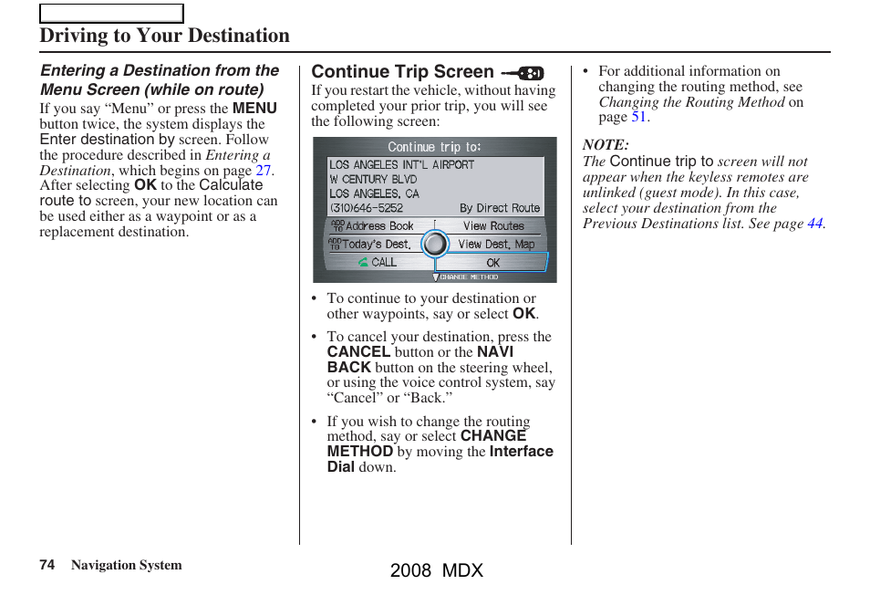 Driving to your destination, 2008 mdx | Acura 2008 MDX Navigation User Manual | Page 74 / 171