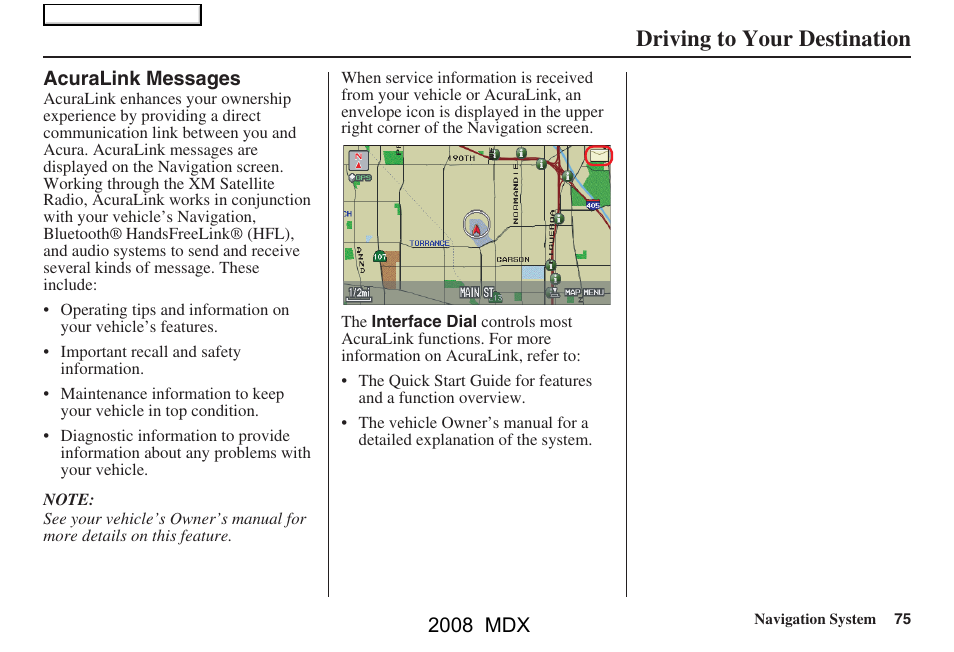 Driving to your destination, 2008 mdx | Acura 2008 MDX Navigation User Manual | Page 75 / 171