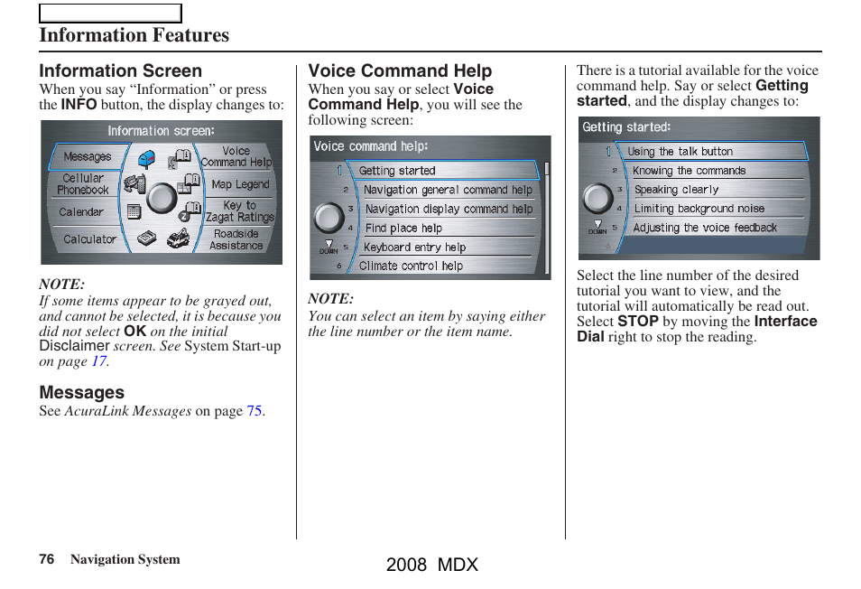 Information features | Acura 2008 MDX Navigation User Manual | Page 76 / 171