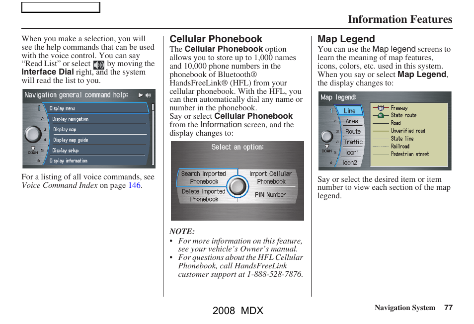 Information features, 2008 mdx | Acura 2008 MDX Navigation User Manual | Page 77 / 171