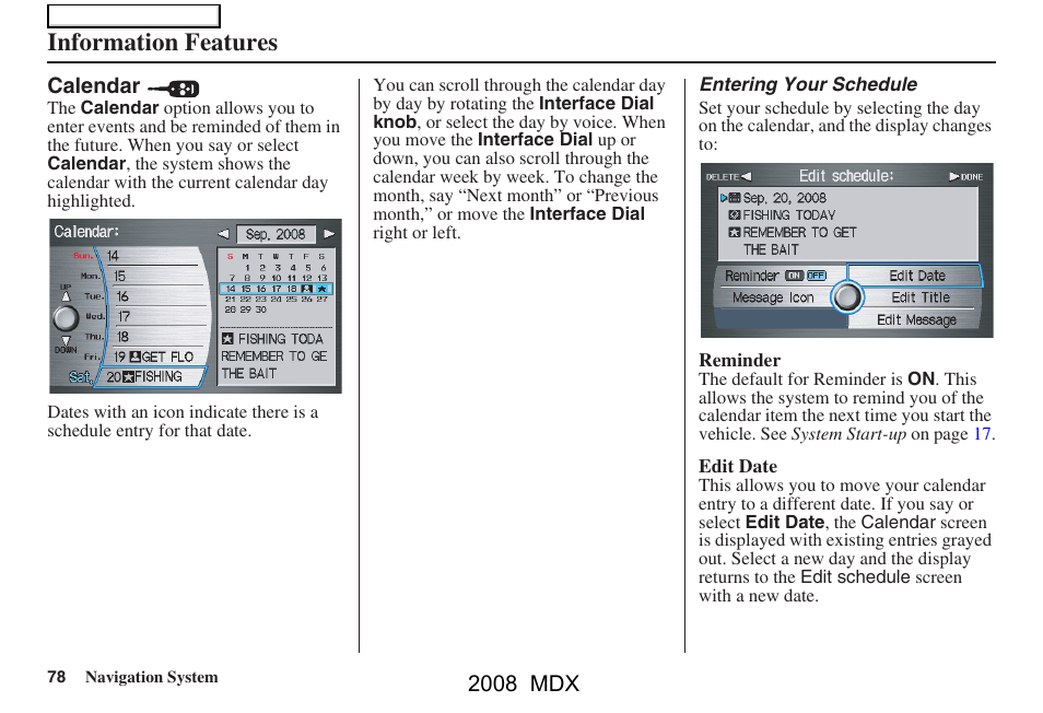 Information features | Acura 2008 MDX Navigation User Manual | Page 78 / 171