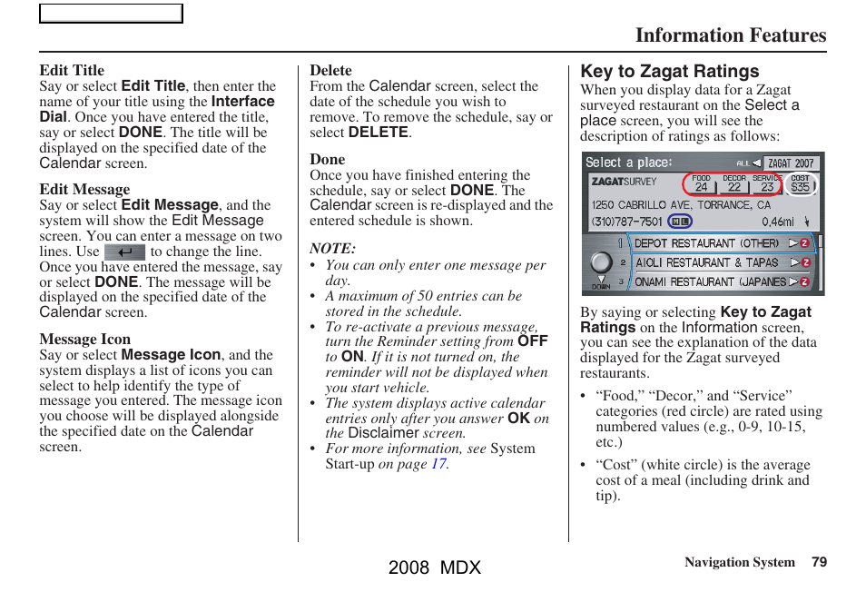 Information features, 2008 mdx | Acura 2008 MDX Navigation User Manual | Page 79 / 171