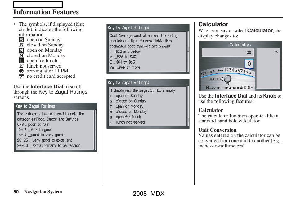 Information features | Acura 2008 MDX Navigation User Manual | Page 80 / 171