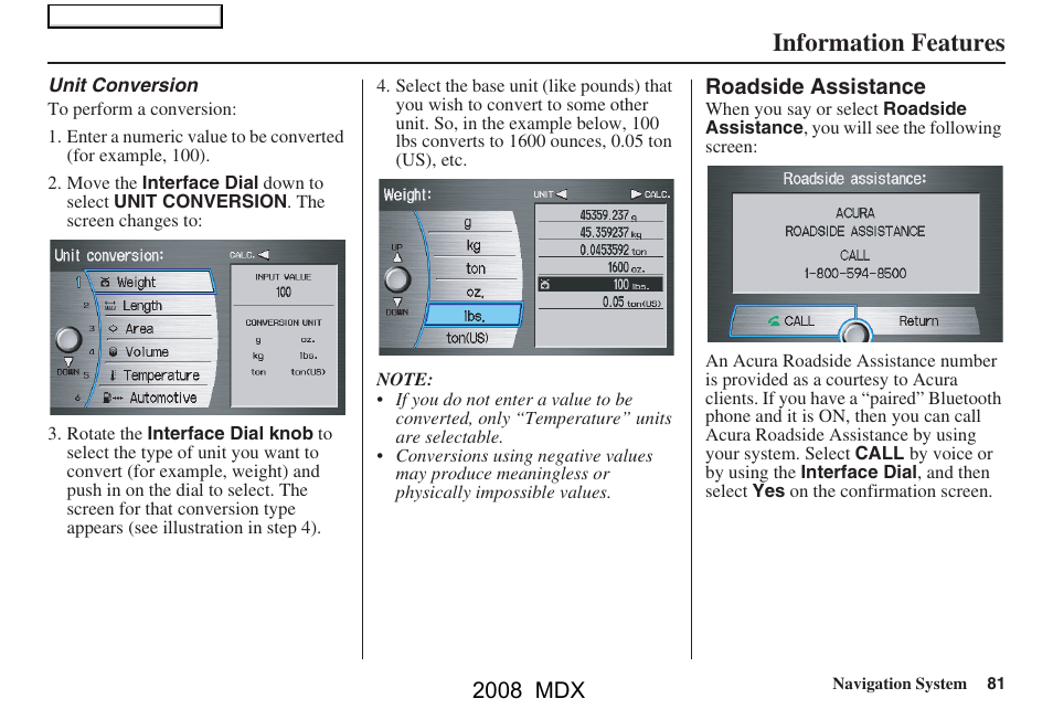 Information features, 2008 mdx | Acura 2008 MDX Navigation User Manual | Page 81 / 171