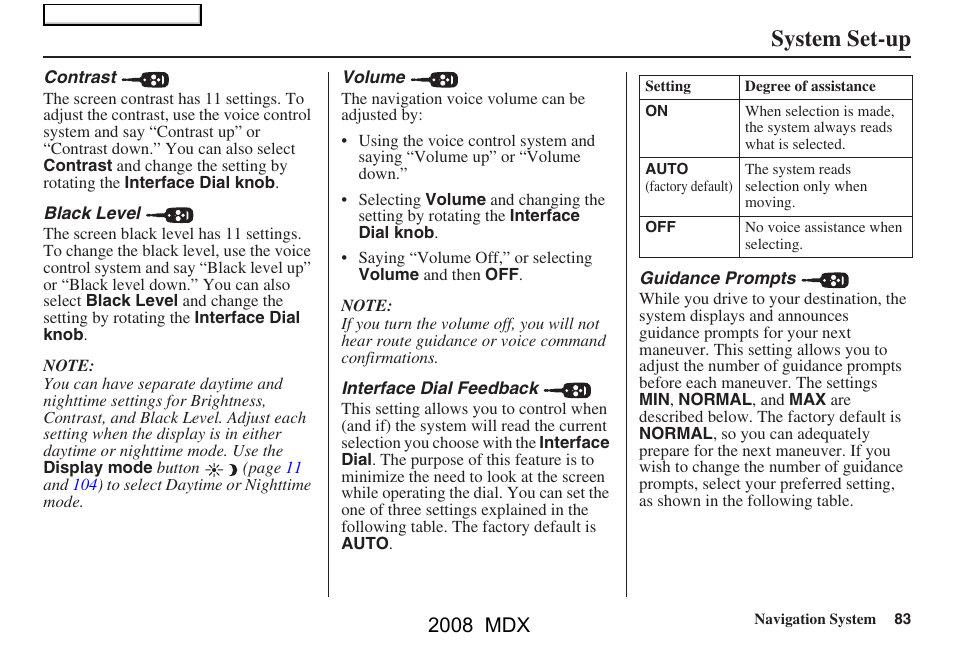 System set-up, 2008 mdx | Acura 2008 MDX Navigation User Manual | Page 83 / 171