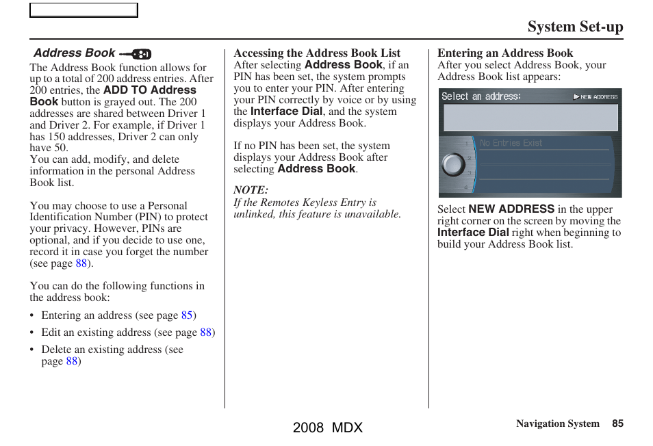 System set-up, 2008 mdx | Acura 2008 MDX Navigation User Manual | Page 85 / 171