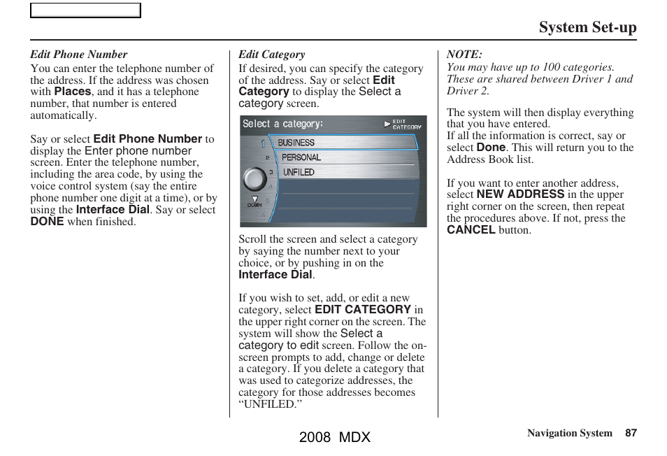 System set-up, 2008 mdx | Acura 2008 MDX Navigation User Manual | Page 87 / 171