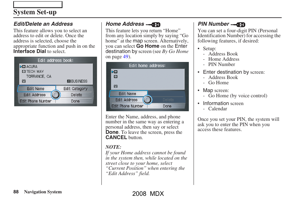 System set-up, 2008 mdx | Acura 2008 MDX Navigation User Manual | Page 88 / 171