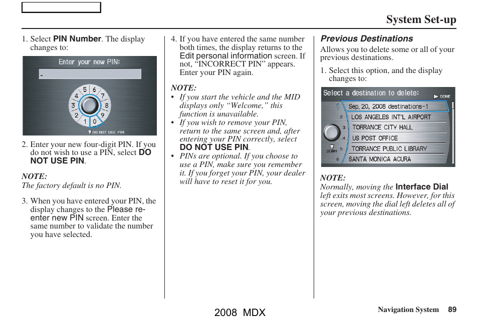 System set-up, 2008 mdx | Acura 2008 MDX Navigation User Manual | Page 89 / 171