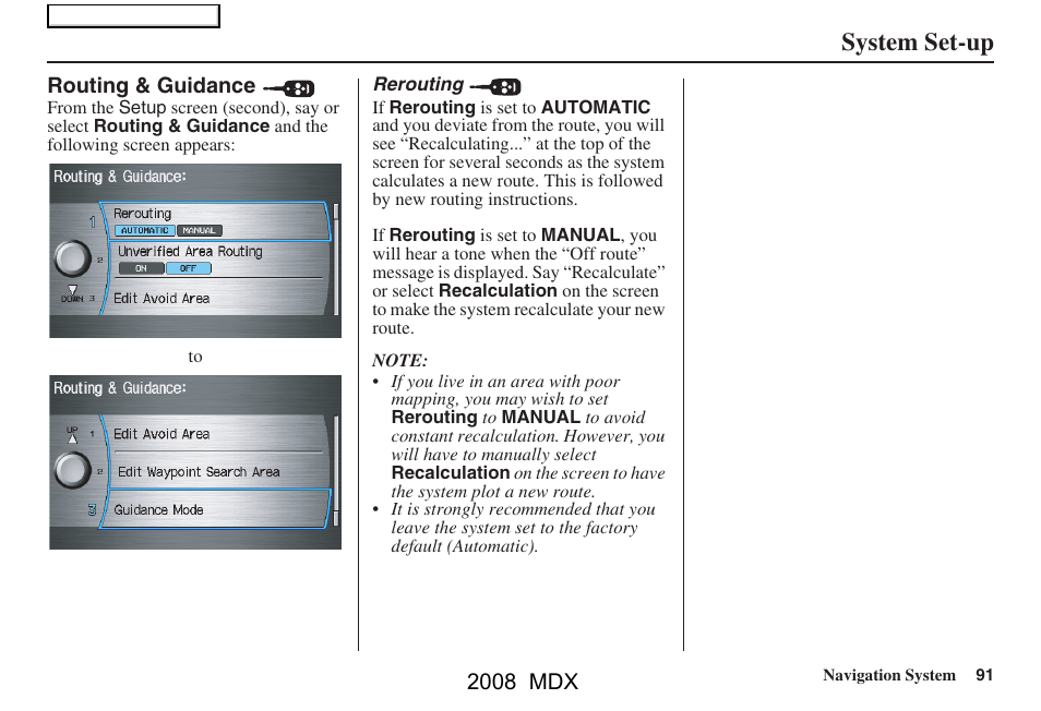 System set-up | Acura 2008 MDX Navigation User Manual | Page 91 / 171