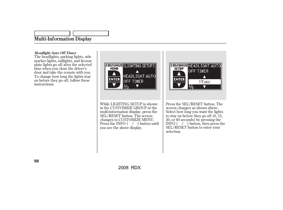 Multi-information display | Acura 2008 RDX User Manual | Page 102 / 433