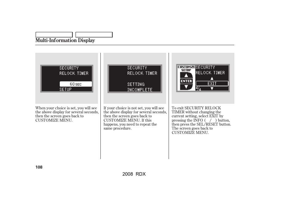 Multi-information display | Acura 2008 RDX User Manual | Page 112 / 433