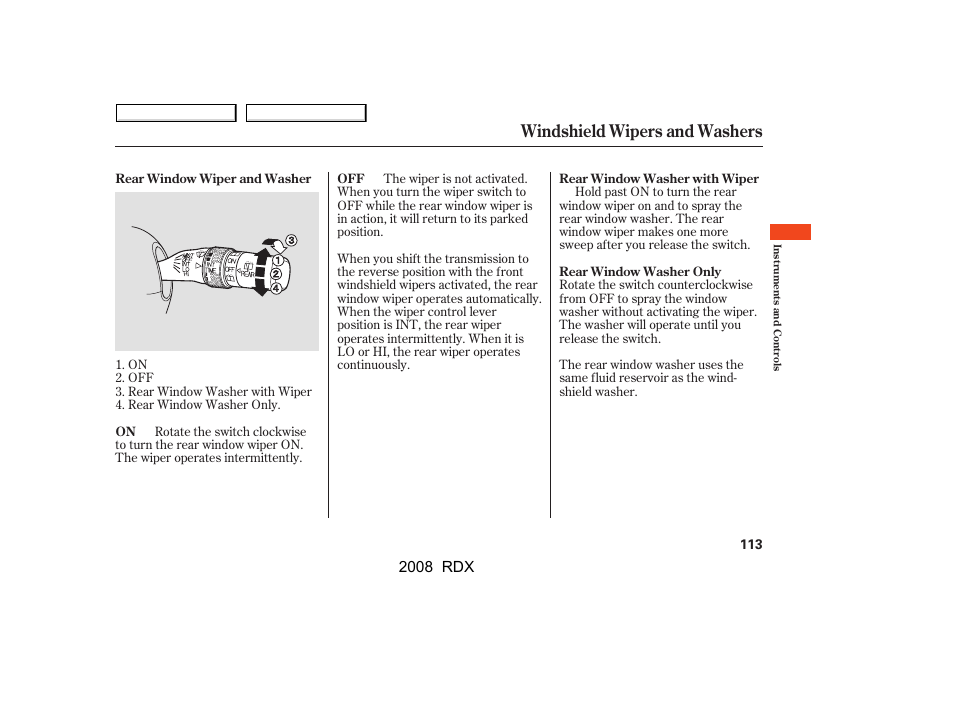 Windshield wipers and washers, 2008 rdx | Acura 2008 RDX User Manual | Page 117 / 433