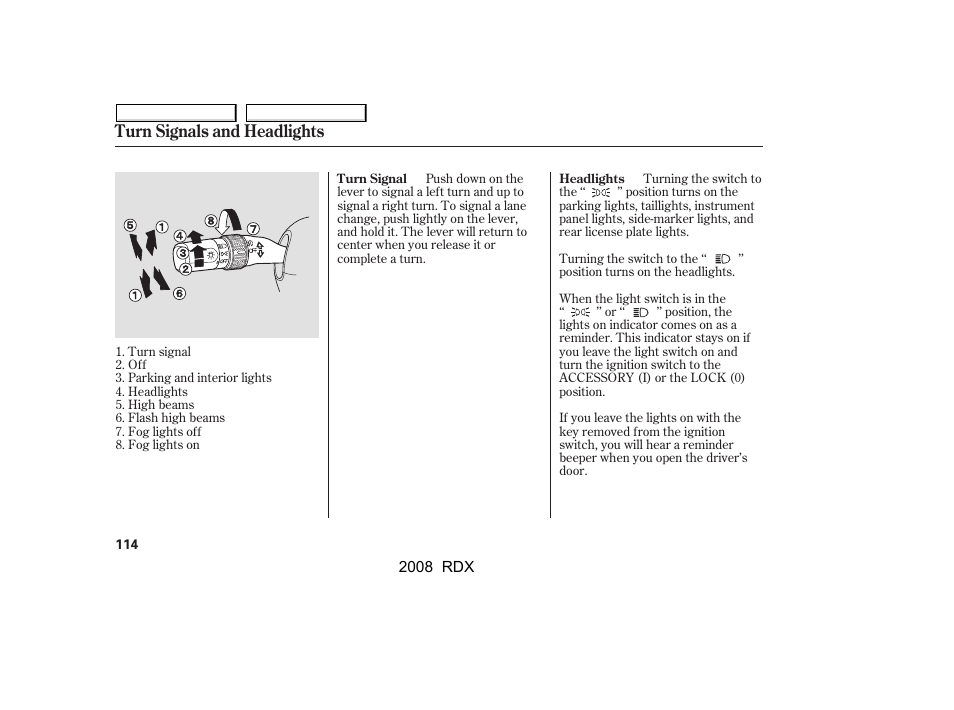 Turn signals and headlights | Acura 2008 RDX User Manual | Page 118 / 433