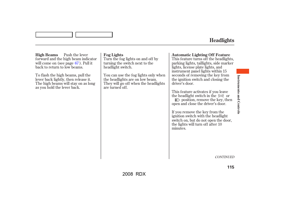 Headlights, 2008 rdx | Acura 2008 RDX User Manual | Page 119 / 433