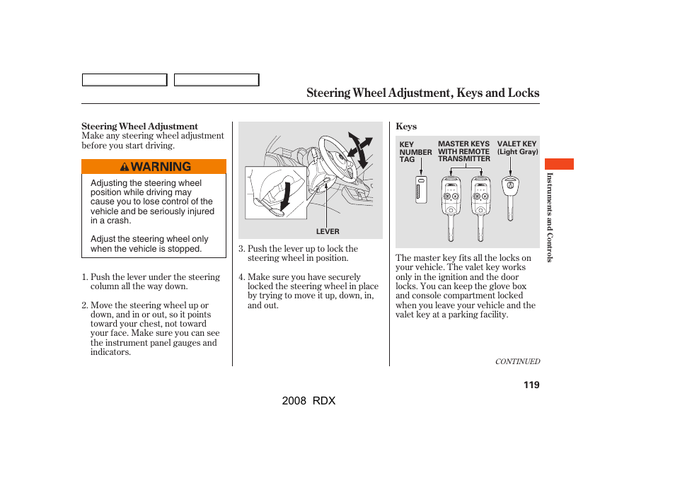 Steering wheel adjustment, keys and locks, 2008 rdx | Acura 2008 RDX User Manual | Page 123 / 433