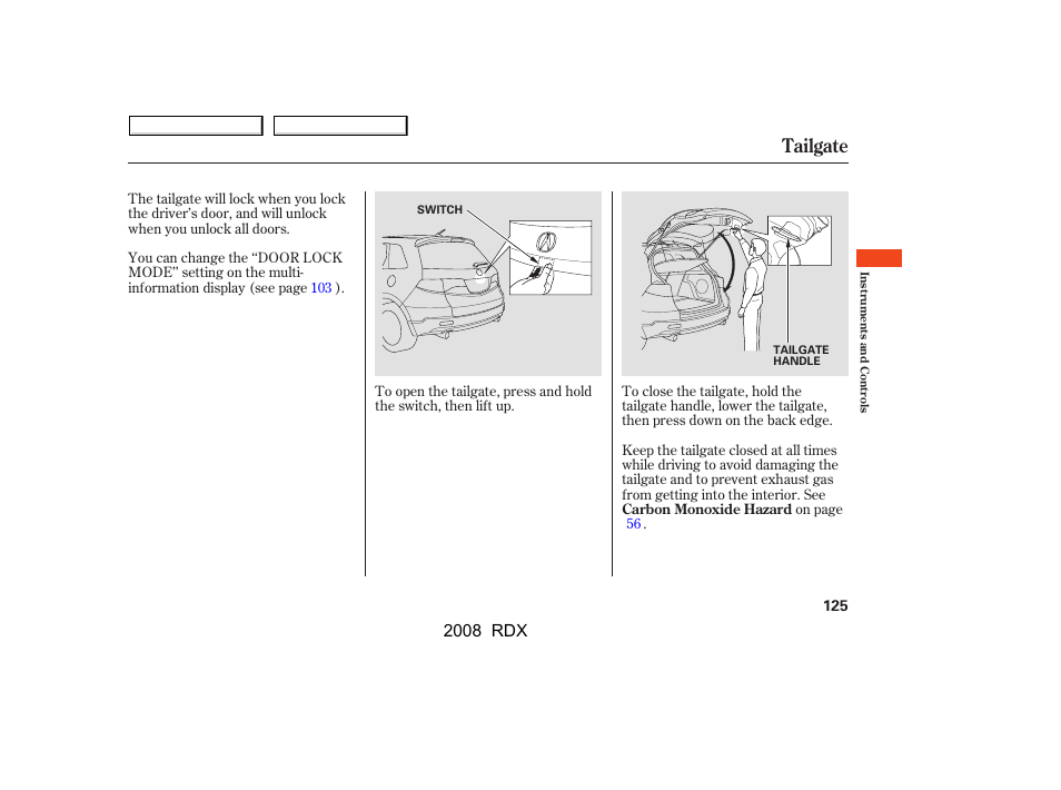 Tailgate, 2008 rdx | Acura 2008 RDX User Manual | Page 129 / 433