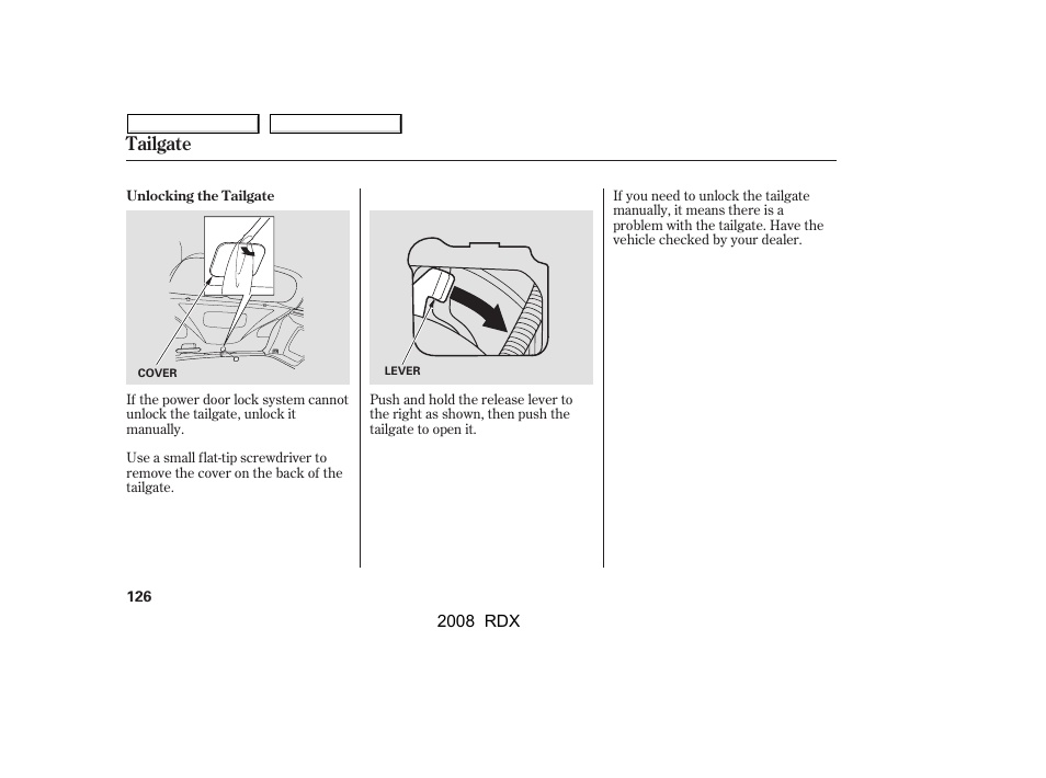 Tailgate | Acura 2008 RDX User Manual | Page 130 / 433