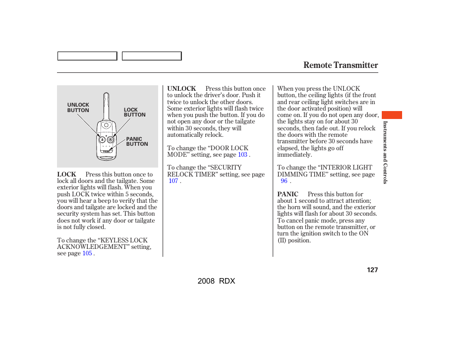 Remote transmitter, 2008 rdx | Acura 2008 RDX User Manual | Page 131 / 433