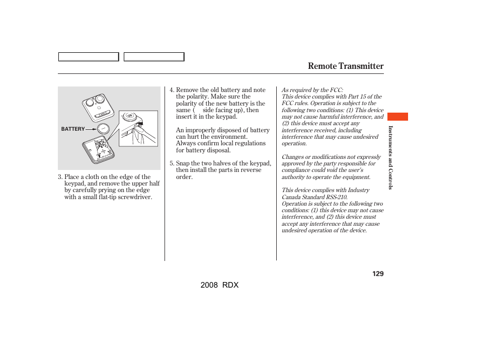 Remote transmitter, 2008 rdx | Acura 2008 RDX User Manual | Page 133 / 433