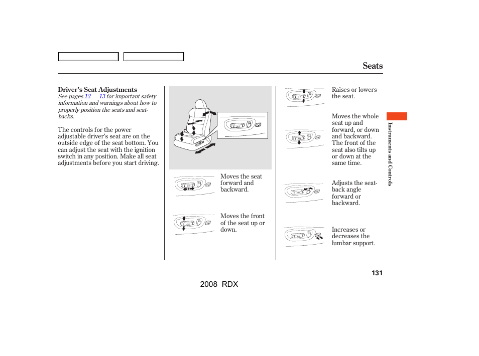 Seats, 2008 rdx | Acura 2008 RDX User Manual | Page 135 / 433