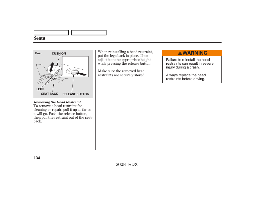 Seats | Acura 2008 RDX User Manual | Page 138 / 433