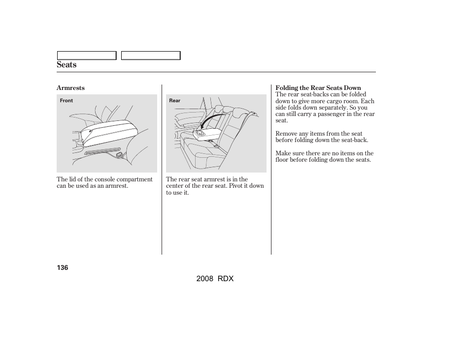 Seats | Acura 2008 RDX User Manual | Page 140 / 433