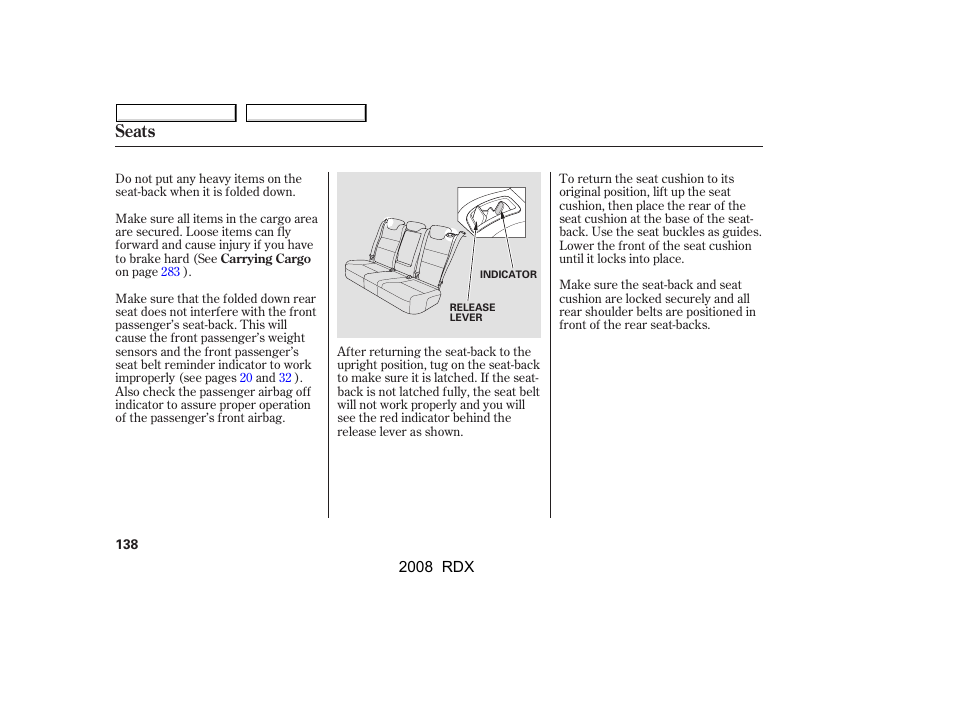 Seats | Acura 2008 RDX User Manual | Page 142 / 433