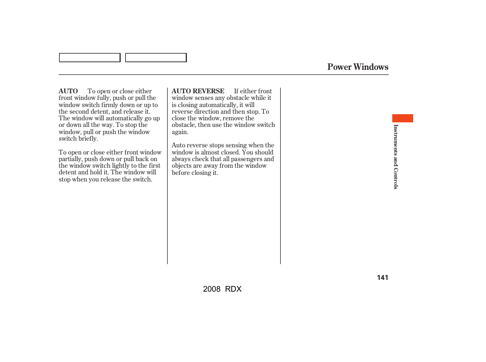 Power windows, 2008 rdx | Acura 2008 RDX User Manual | Page 145 / 433