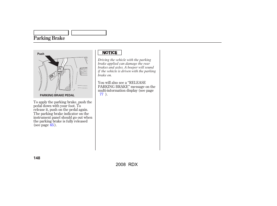 Parking brake | Acura 2008 RDX User Manual | Page 152 / 433