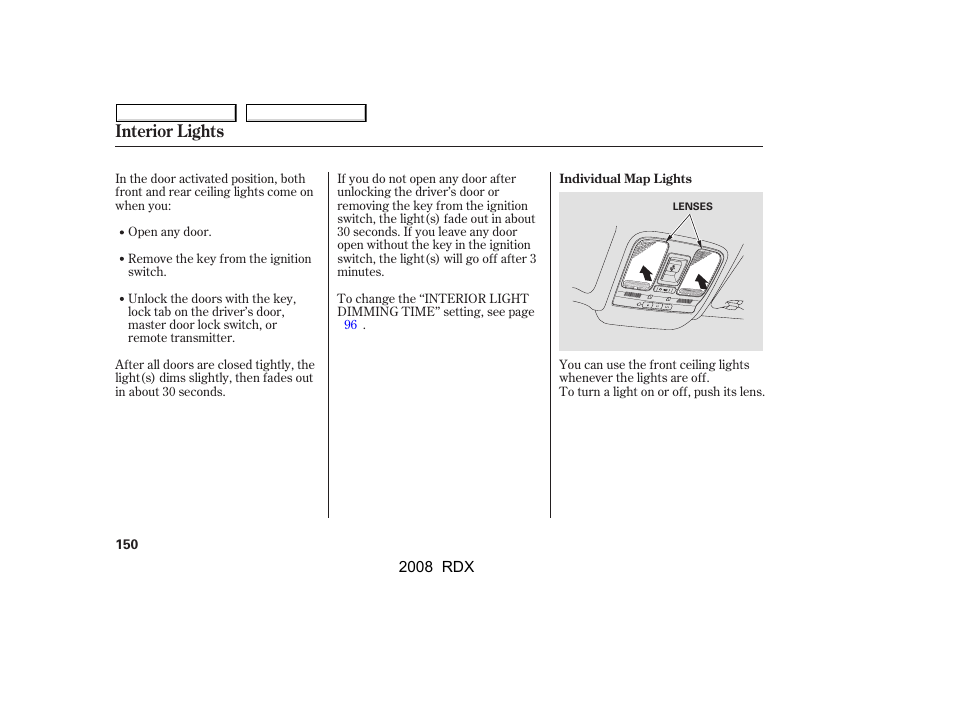 Interior lights | Acura 2008 RDX User Manual | Page 154 / 433