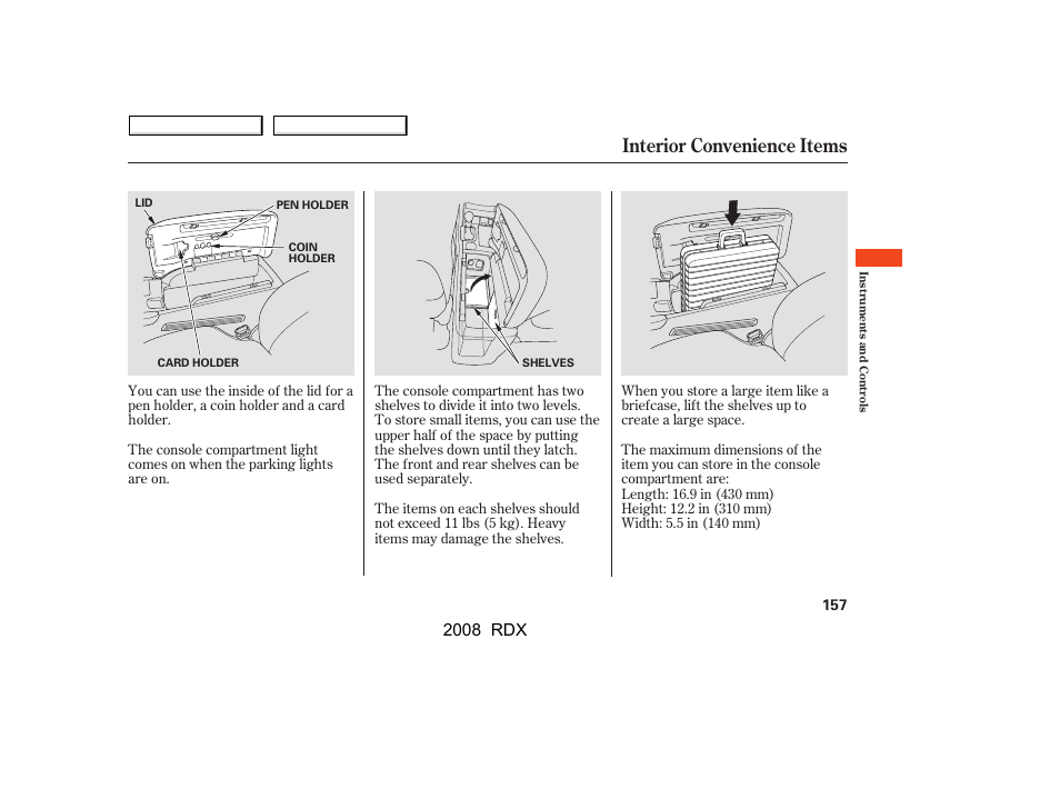 Interior convenience items, 2008 rdx | Acura 2008 RDX User Manual | Page 161 / 433