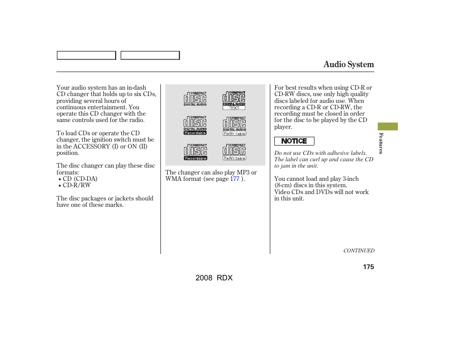 Audio system | Acura 2008 RDX User Manual | Page 179 / 433
