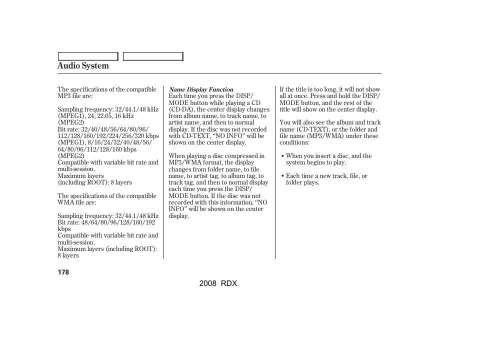 Audio system | Acura 2008 RDX User Manual | Page 182 / 433