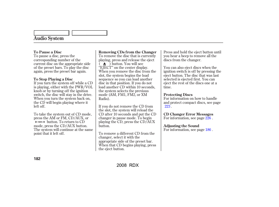Audio system | Acura 2008 RDX User Manual | Page 186 / 433
