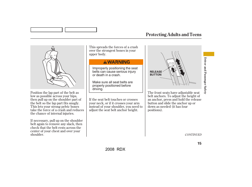 Protecting adults and teens, 2008 rdx | Acura 2008 RDX User Manual | Page 19 / 433