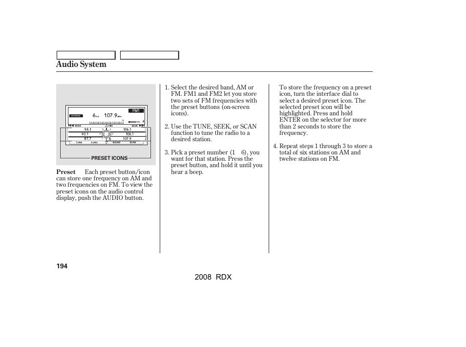 Audio system | Acura 2008 RDX User Manual | Page 198 / 433