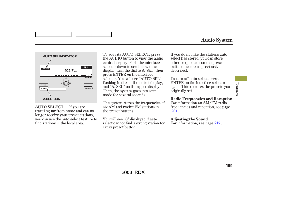 Audio system | Acura 2008 RDX User Manual | Page 199 / 433