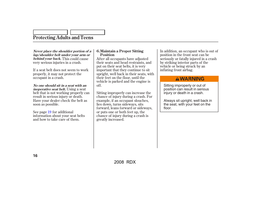 Protecting adults and teens | Acura 2008 RDX User Manual | Page 20 / 433