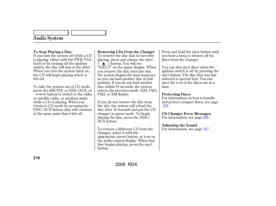 Audio system | Acura 2008 RDX User Manual | Page 214 / 433