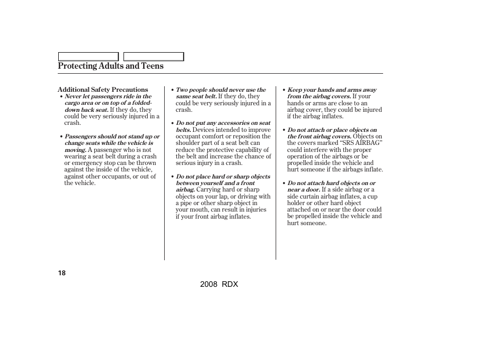 Protecting adults and teens | Acura 2008 RDX User Manual | Page 22 / 433