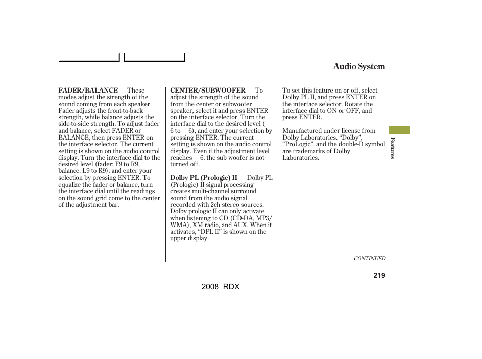 Audio system | Acura 2008 RDX User Manual | Page 223 / 433