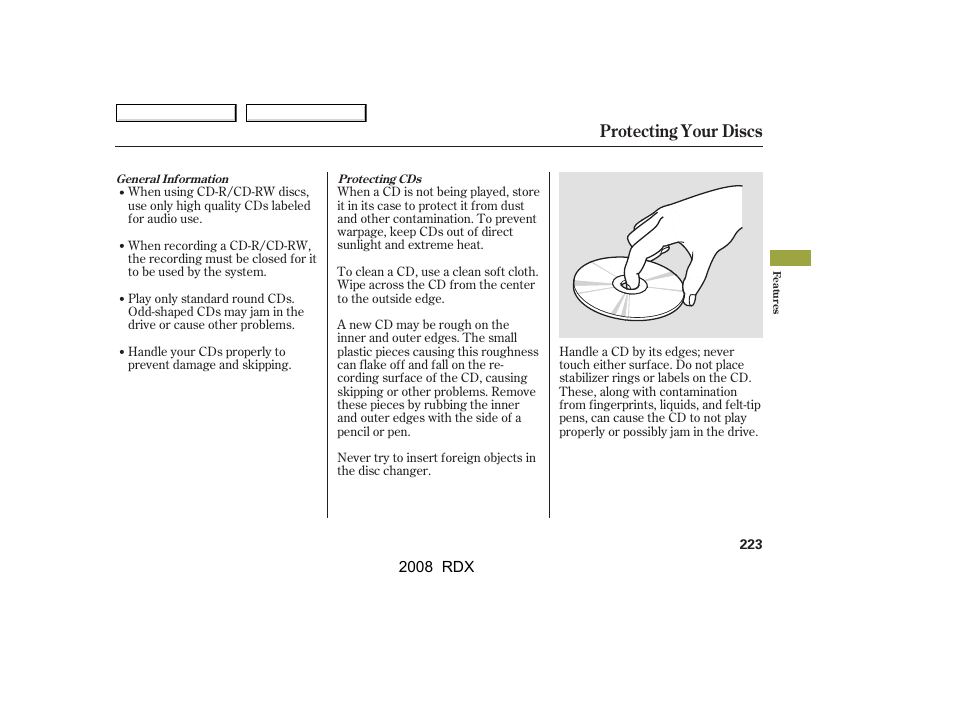 Protecting your discs | Acura 2008 RDX User Manual | Page 227 / 433