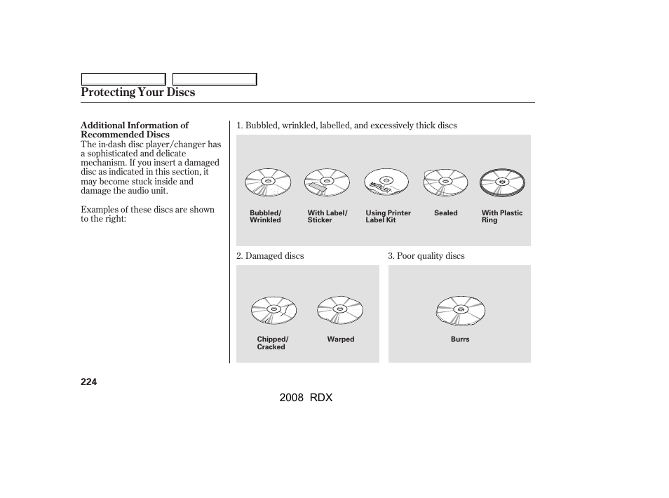 Protecting your discs, 2008 rdx | Acura 2008 RDX User Manual | Page 228 / 433