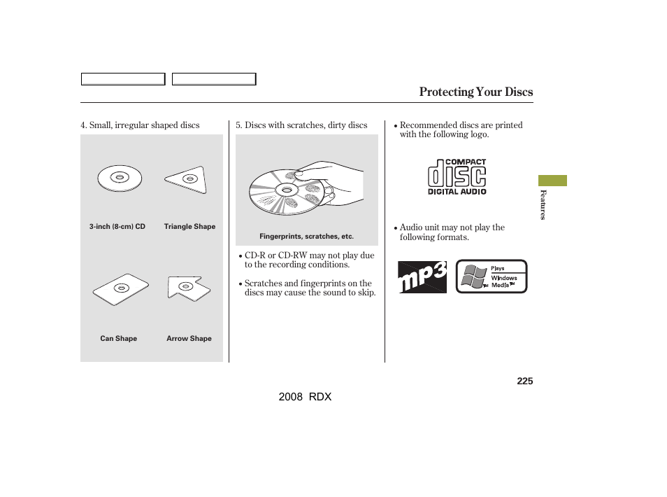 Protecting your discs, 2008 rdx | Acura 2008 RDX User Manual | Page 229 / 433